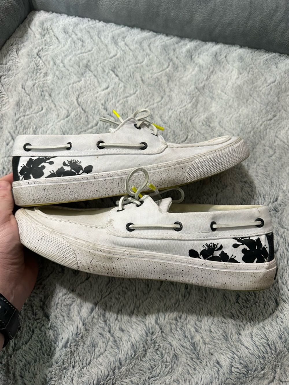 Sperry Top-Sider White Canvas Men’s Boat Shoes with Black Floral Accent